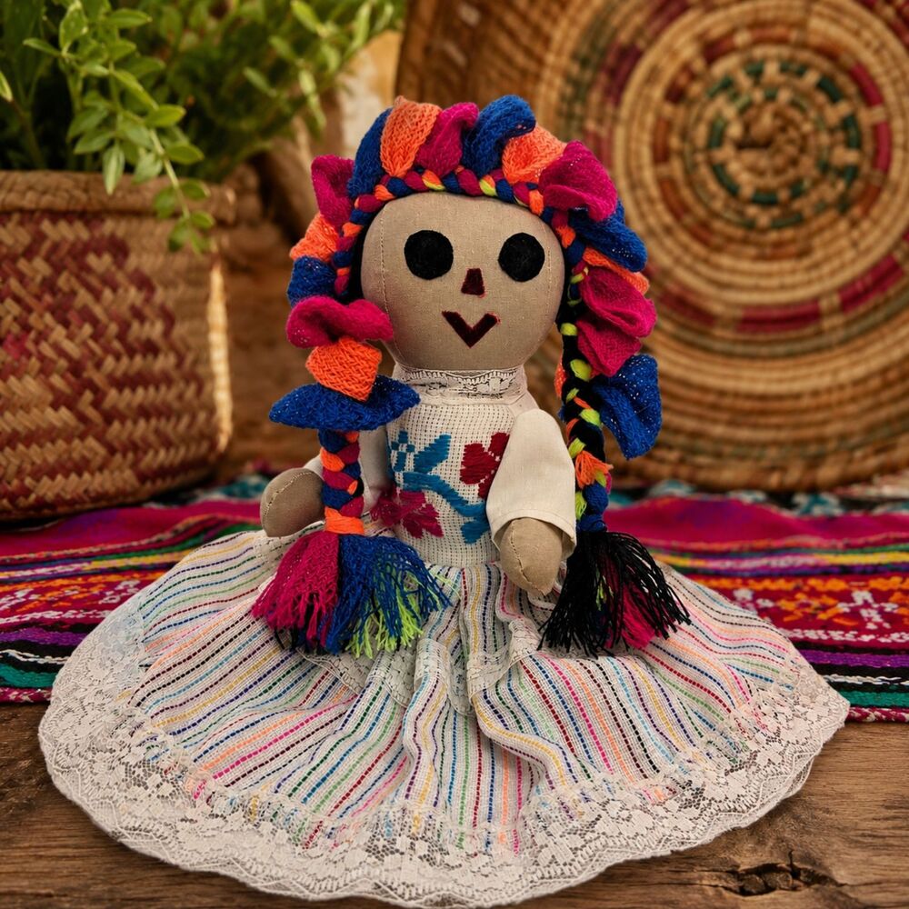 Handmade Mexican Maria Lele Rag Doll Folk Art Embroidered Cloth Doll 10"
